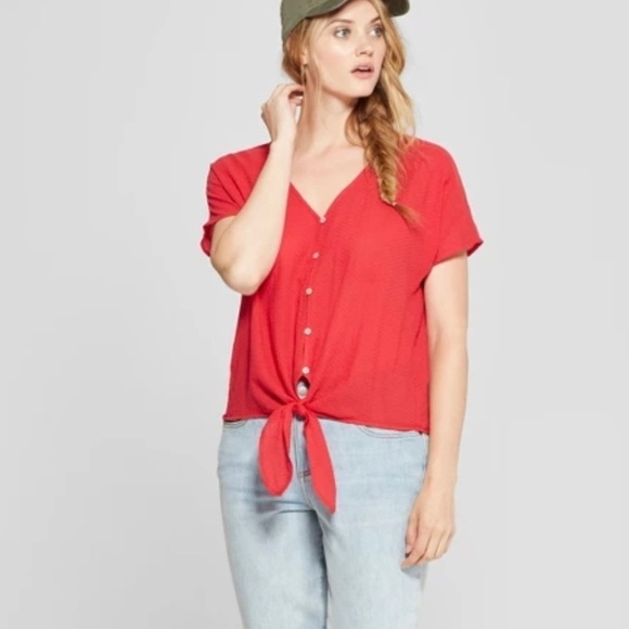 Red Button-Down Tie-Front Dolman Sleeve Cotton Top Size M - Picture 1 of 7